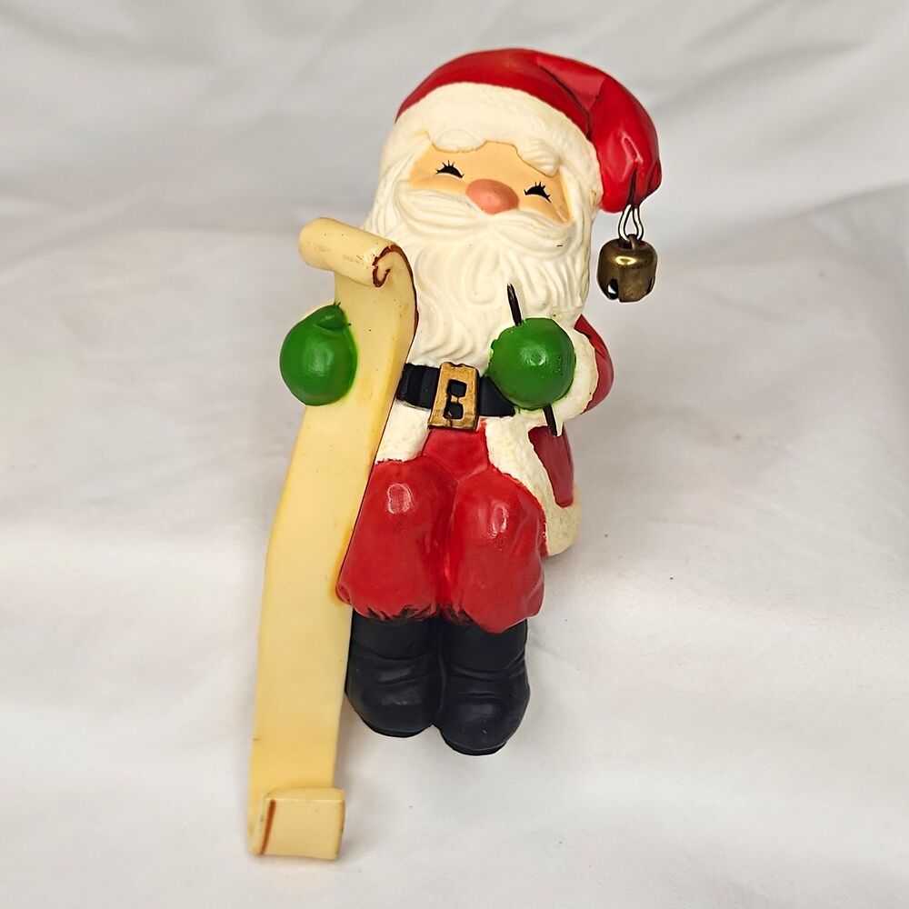 Wooden Santa Claus Christmas Figurine w/ Bell & Scroll List Painted 3D Effect